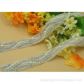 Custom Iron On Rhinestone And Pearl Applique Trimming For W